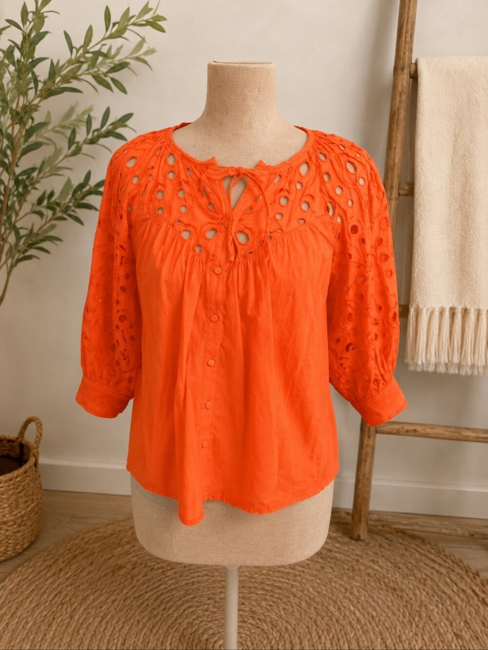 Anthropologie ~ Chantal Eyelet Puff Sleeve Blouse – Neon Orange XS